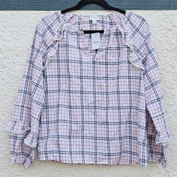 NWT J. Crew Factory plaid ruffle-trim peasant top warm ivory rose small - Picture 1 of 6